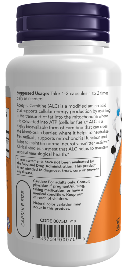 Acetyl L-Carnitine 500mg - 100 Veg Capsules (Now Foods)