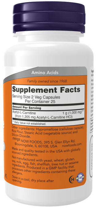 Acetyl L-Carnitine 500mg - 200 Veg Capsules (Now Foods)