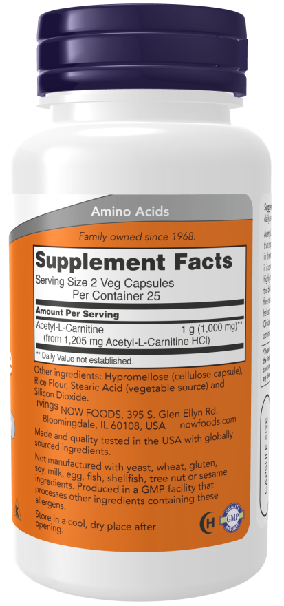 Acetyl L-Carnitine 500mg - 50 Veg Capsules (Now Foods)