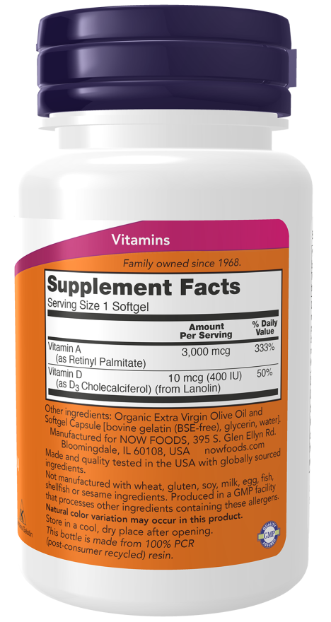 Vitamins A & D 10,000 IU / 400 IU - 100 Softgels (Now Foods)