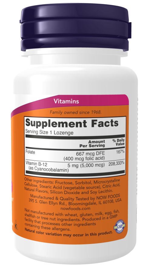 Vitamin B-12 5000mcg + Folic - 60 Lozenges (Now Foods)