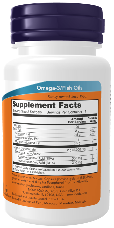 Omega-3 Fish Oil 1000mg 180/120 Fish Gelatin  200 SoftGels by Now Foods