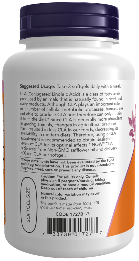 CLA 800mg Non-GMO Safflower Oil - 180 Softgels (Now Foods)