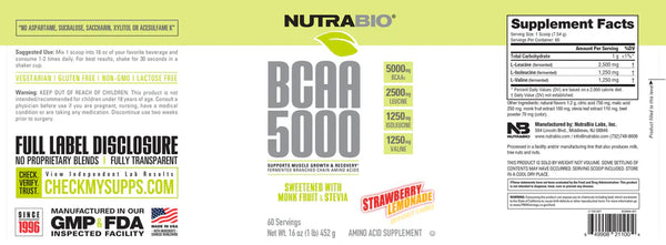 BCAA 5000 Natural - Strawberry Lemonade - 1 LB (NutraBio)