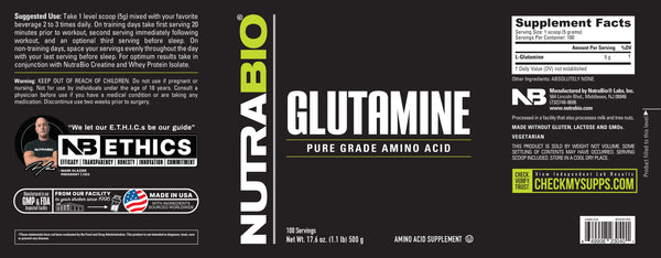 Glutamine 500 Grams - 1.1 LB (NutraBio)