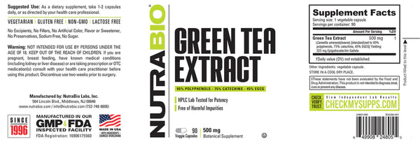 Green Tea Extract 500mg - 90 Veggie Capsules (NutraBio)