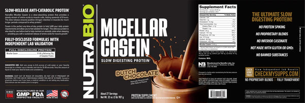 Micellar Casein Slow Digesting Protein Powder - 2 LBS Dutch Chocolate (NutraBio)