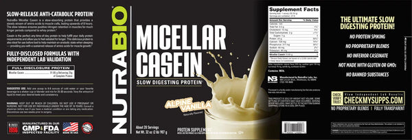 Micellar Casein Slow Digesting Protein Powder - 2 LBS Alpine Vanilla (NutraBio)