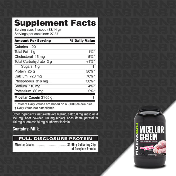 Micellar Casein Slow Digesting Protein Powder - 2 LBS Straberry Ice Cream (NutraBio)