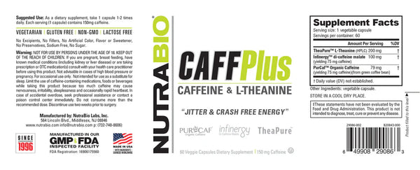 CaffPlus Caffeine & L-Theanine - 60 Vegetable Capsules (NutraBio)