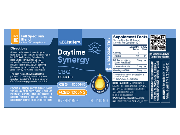 Daytime Synergy CBG + CB1:1 Tincture 2000mg - 30ml (Extra Strength) Distillery