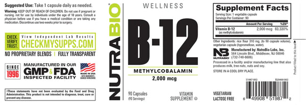 B-12 Methyl (2000mcg) - 90 Vegetable Capsules (NutraBio)