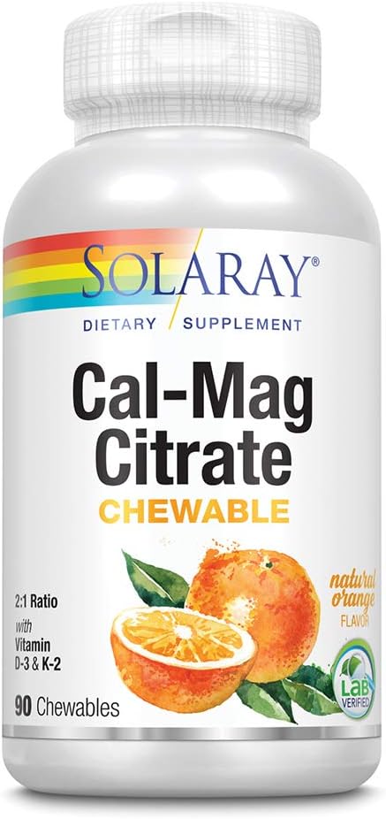 Cal-Mag Citrate w Vit D3 & K2 2:1 Ratio 90ct chewable Orange by Solaray