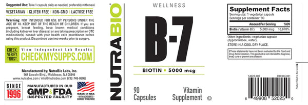 B-7 Biotin (5000mcg) - 90 Vegetable Capsules (NutraBio)