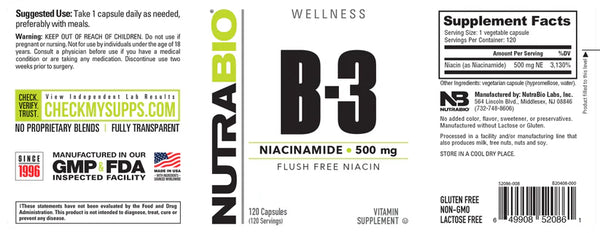 B-3 Niacinamide (500mg) - 120 Vegetable Capsules (Nutrabio)