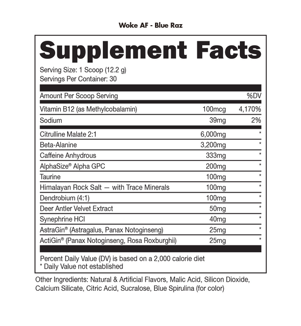 WOKE AF High- Stimulant Pre-workout - 12.91 OZ Blue Razz (Bucked Up)