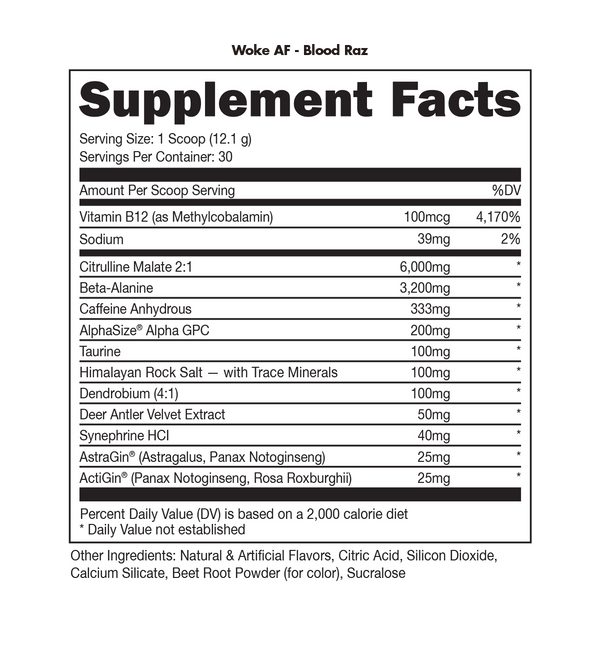 WOKE AF High- Stimulant Pre-Workout - 12.8 OZ - Blood Raz (Bucked Up)