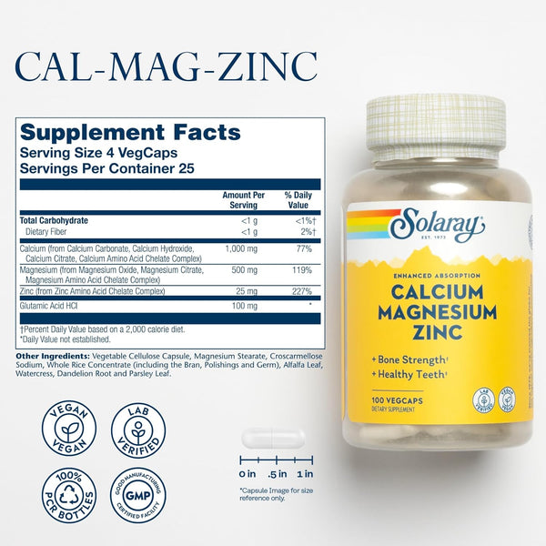 Calcium, Magnesium, Zinc - 100 Capsules (Solaray)