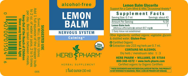 Lemon Balm Glycerite [Alcohol-Free] - 1 FL OZ (Herb Pharm)