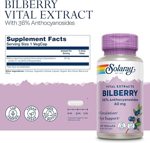 Bilberry 36% Anthocyanosides 120ct 60mg veg cap by Solaray