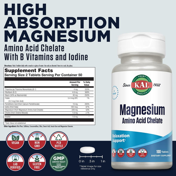 Magnesium Chelated  100ct 220mg by Kal