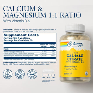 Cal-Mag Citrate w Vit D2 1:1 Ratio 180ct veg cap by Solaray