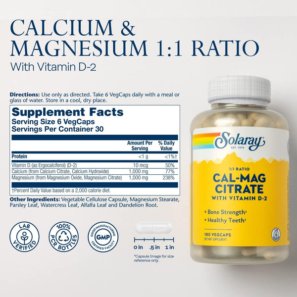 Cal-Mag Citrate w Vit D2 1:1 Ratio 180ct veg cap by Solaray