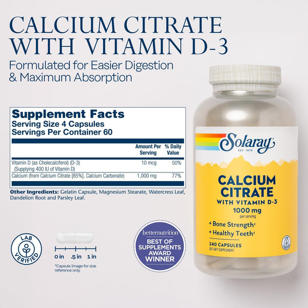 Calcium Citrate w Vit D3 90ct 1000mg gel cap by Solaray