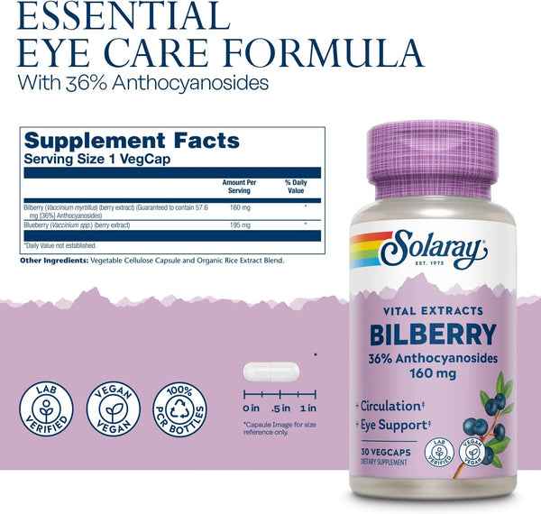 Bilberry 36% Anthocyanosides 30ct 160mg veg cap by Solaray