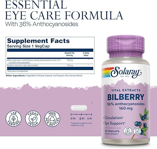 Bilberry & Lutein QD-36% Anthocyanosides 30ct 160mg veg cap by Solaray