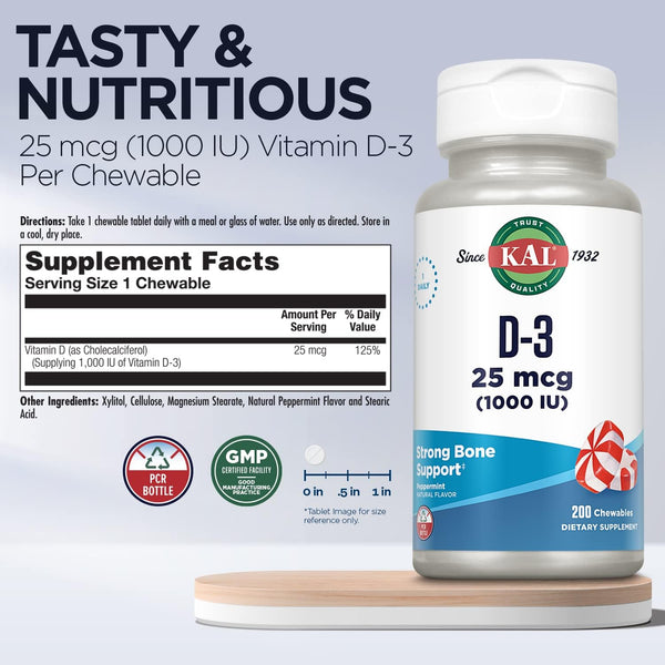 D3  200ct 25mcg chewable Peppermint by Kal