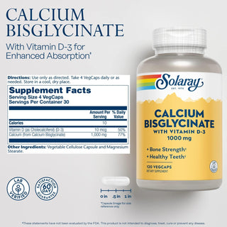 Calcium Bisglycinate w Vit D3 120ct 1000mg veg cap by Solaray