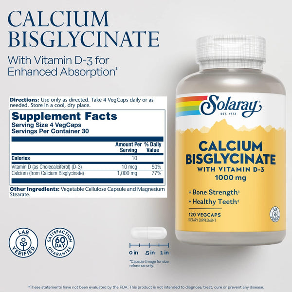 Calcium Bisglycinate w Vit D3 120ct 1000mg veg cap by Solaray