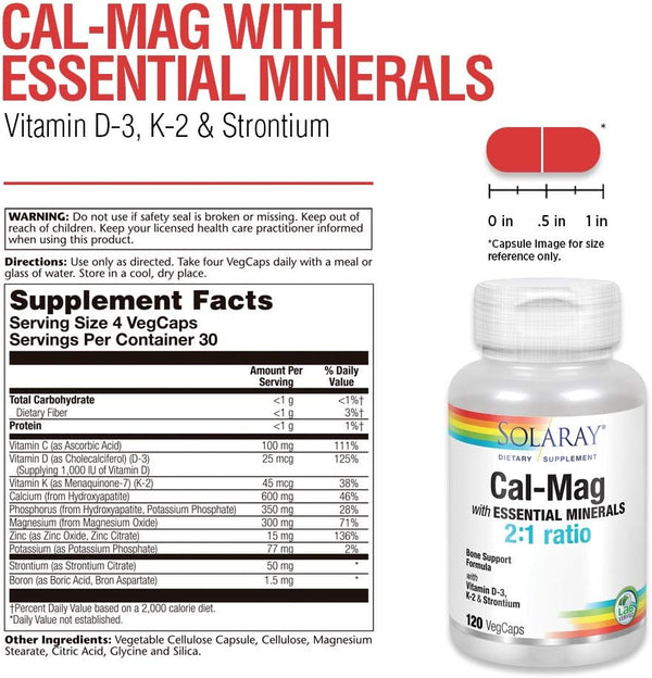 Cal-Mag w Essential Minerals, Vit D3, K2 & Strontium 2:1 Ratio 120ct  veg cap