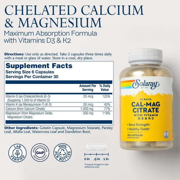 Cal-Mag Citrate w Vit D3 & K2 2:1 Ratio 180ct gel cap by Solaray