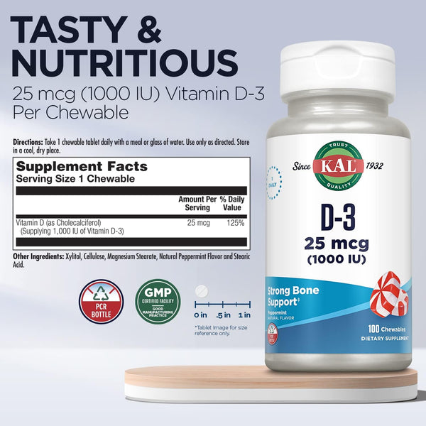 D3  100ct 25mcg chewable Peppermint by Kal