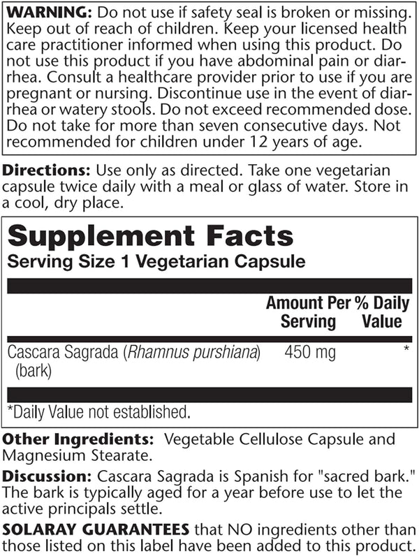 Cascara Sagrada 180ct 450mg veg cap by Solaray