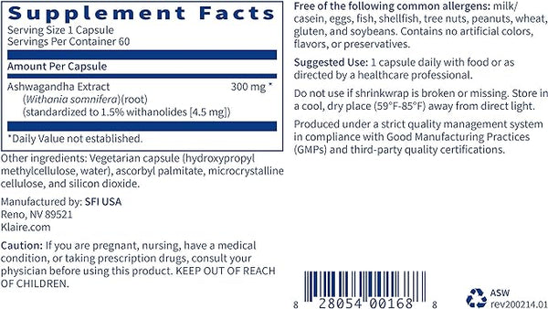 Ashwagandha Extract - 60 Caps Klaire Labs