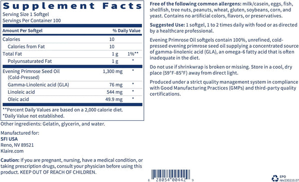 Evening Primrose Oil - 100 Softgels Klaire Labs