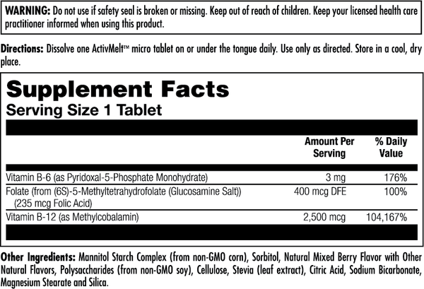 B-6 B-12 Methyl Folate ActivMelt Instant Dissolve Tablets 60ct by KAL