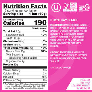 No Cow Protein Bar - Box of 12 Bars - 25.44 OZ - Birthday Cake