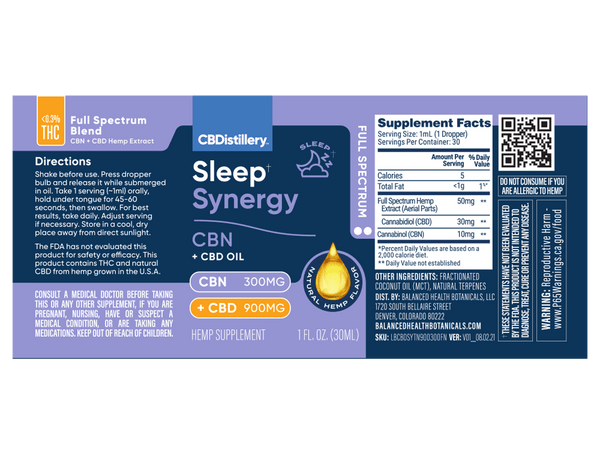 Sleep Synergy CBN + CB1:3 Tincture “ 300mg CBN + 900mg CBExtra Strength - 1 FL OZ (Distillery)
