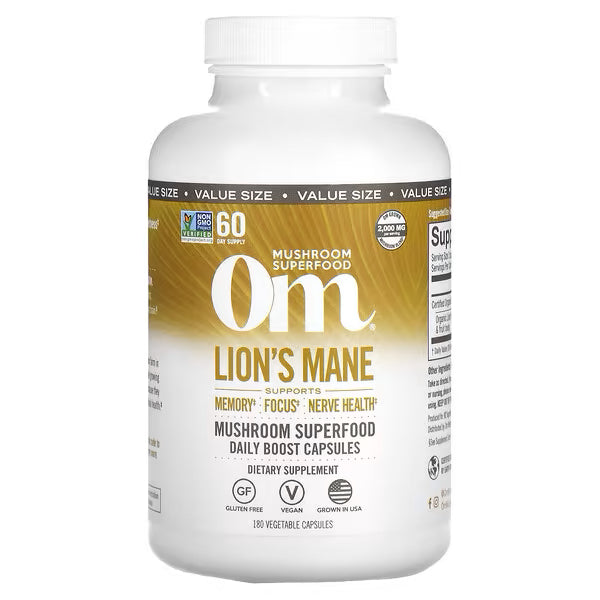 Lion's Mane Mushroom Superfood 180 Vegetable Capsules - Om Organic Mushroom Nutrition