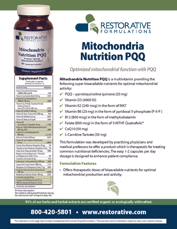 Mitochondria Nutrition PQQ - 60 Vegi-Capsules (Restorative Formulations)