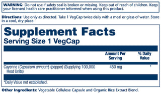 Cayenne 100,000 Heat Units 100ct 450mg veg cap by Solaray