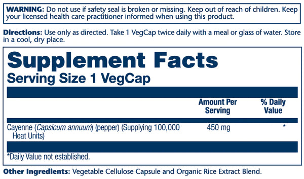 Cayenne 100,000 Heat Units 100ct 450mg veg cap by Solaray