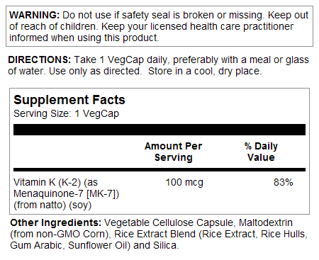 Vit K2  60ct 100mcg veg cap by Kal