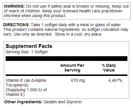 Vitamin E SoftGels 1000 IU (670 mg) 30ct by KAL