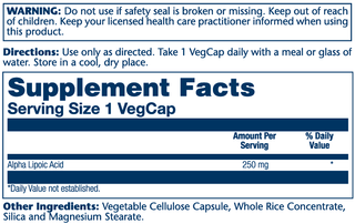 Alpha Lipoic Acid  60ct 250mg veg cap