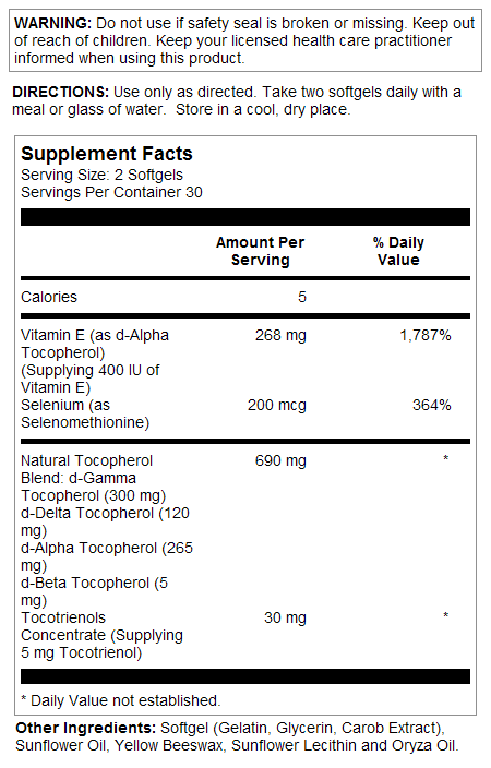 Bio E Gamma Plex w Mixed Tocopherols, Tocotrienols & Selenium 60ct 268mg by Solaray